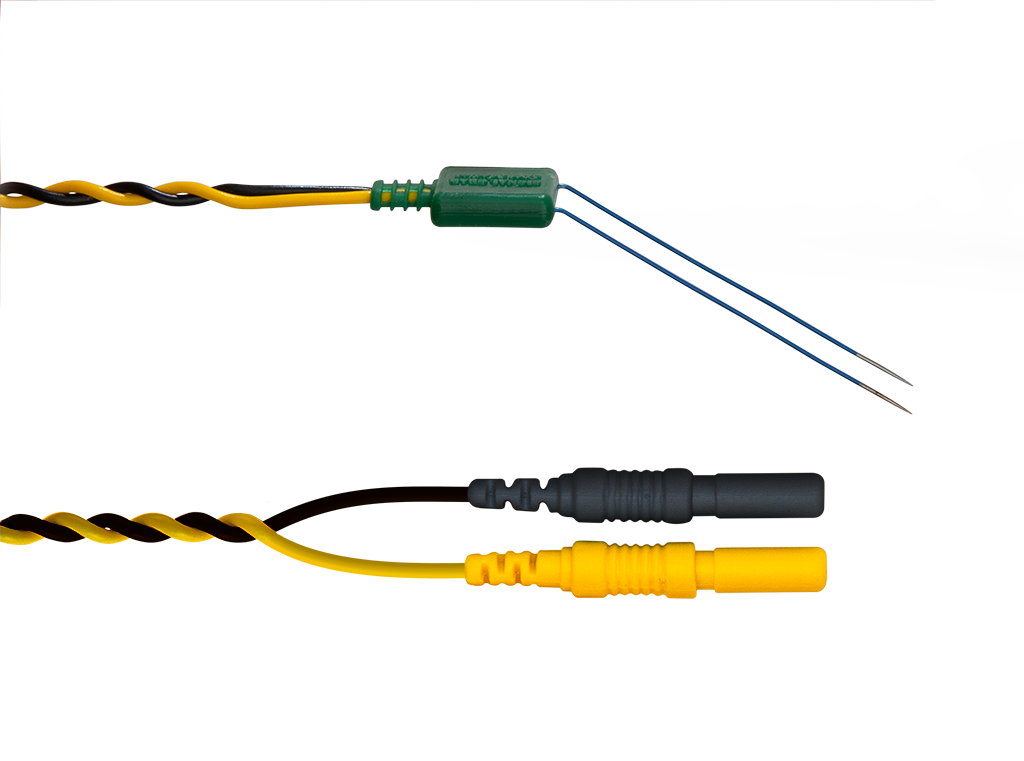 Twisted paired needle electrode: 37 mm needle length, 0.45 mm needle diameter, 30°  angle, 10 mm distance between needles, 150 cm cable, code TFDN453731RU